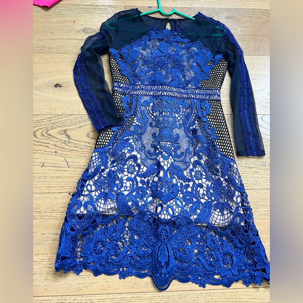 Blue Sheath Dress with Long Sleeves and Crew Neck for Wedding